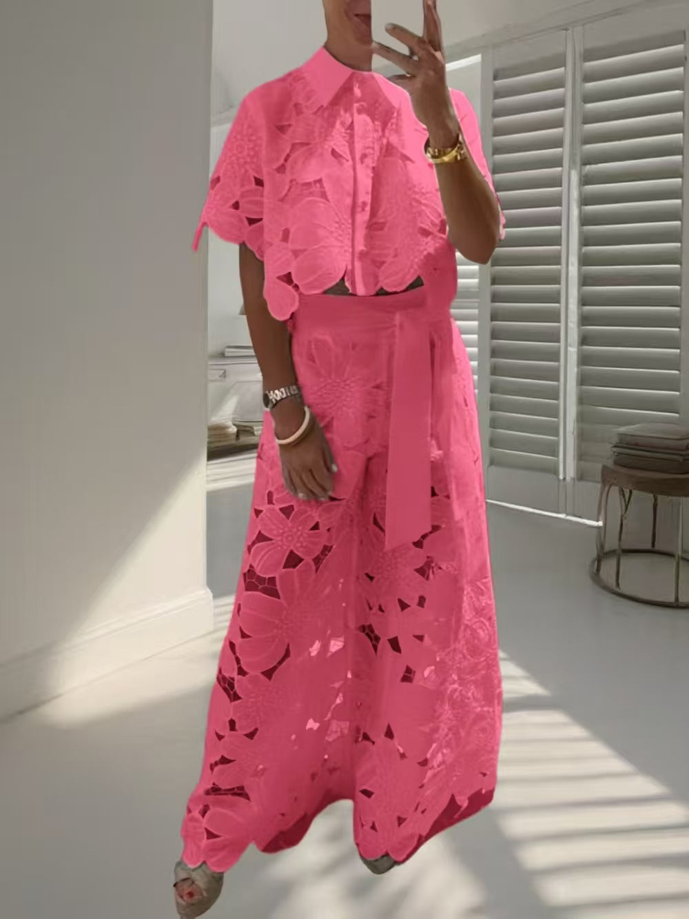 Open-Neck Cardigan & Wide-Leg Pants Co-ord Set — Hollow-Out, 3/4 Sleeve | 9 Colours