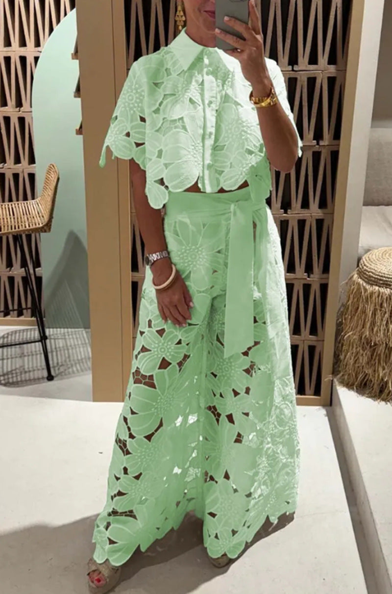 Open-Neck Cardigan & Wide-Leg Pants Co-ord Set — Hollow-Out, 3/4 Sleeve | 9 Colours