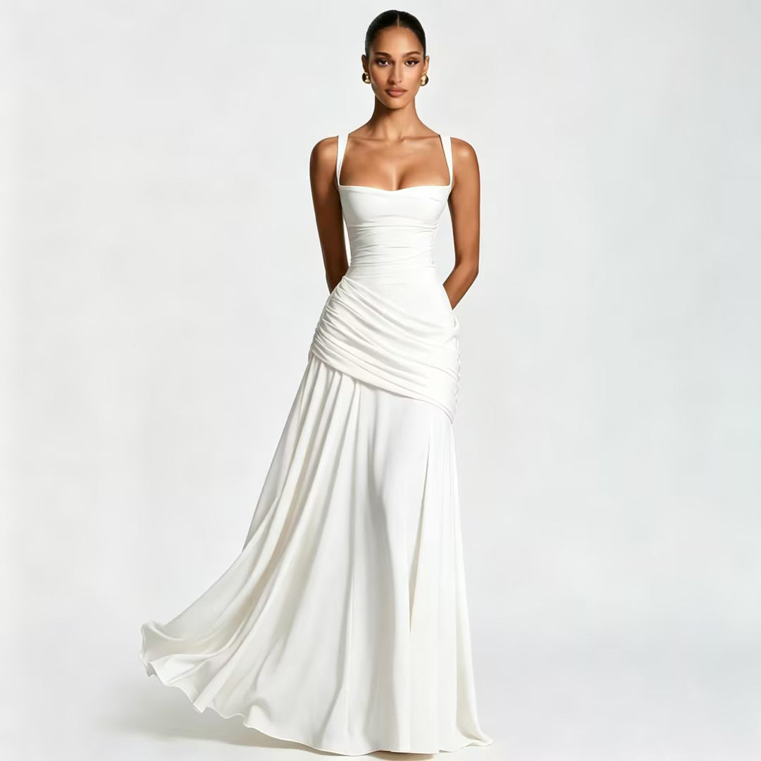 Elegant Sleeveless Flared Dress — Square Neck, High Waist, Milk Silk | 8 Colours