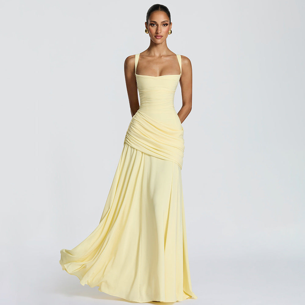 Elegant Sleeveless Flared Dress — Square Neck, High Waist, Milk Silk | 8 Colours