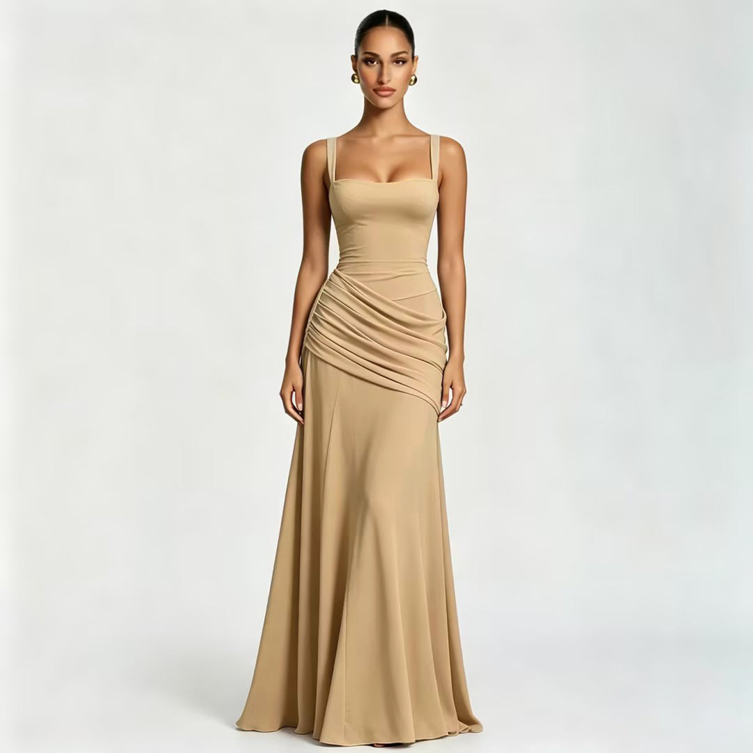 Elegant Sleeveless Flared Dress — Square Neck, High Waist, Milk Silk | 8 Colours