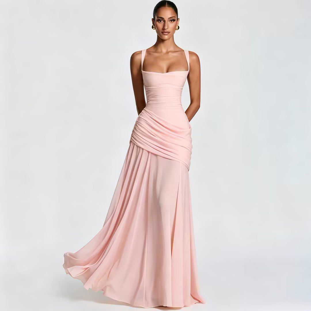 Elegant Sleeveless Flared Dress — Square Neck, High Waist, Milk Silk | 8 Colours