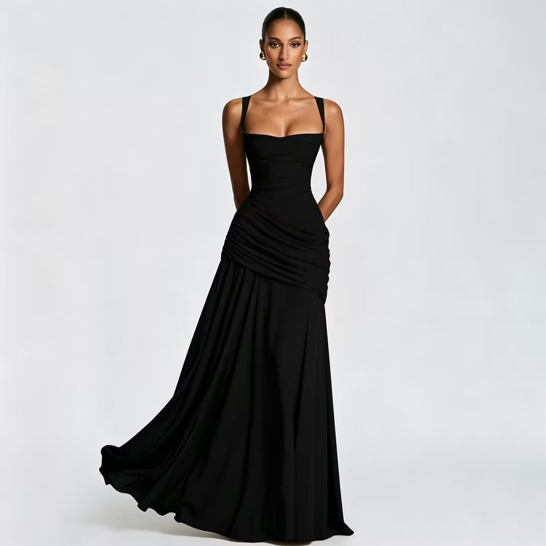 Elegant Sleeveless Flared Dress — Square Neck, High Waist, Milk Silk | 8 Colours