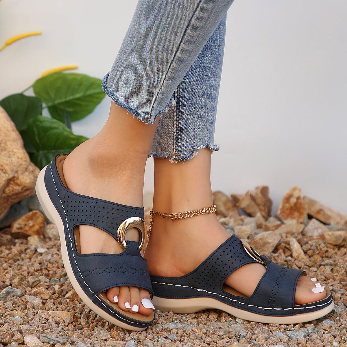 Chunky Soled Perforated Slippers | Wedge Heel Shoes