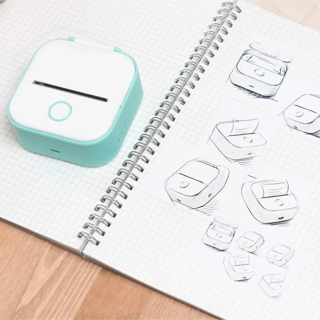 Beckett portable printer with compact design, showing the device with paper tray and control buttons on a sleek surface.