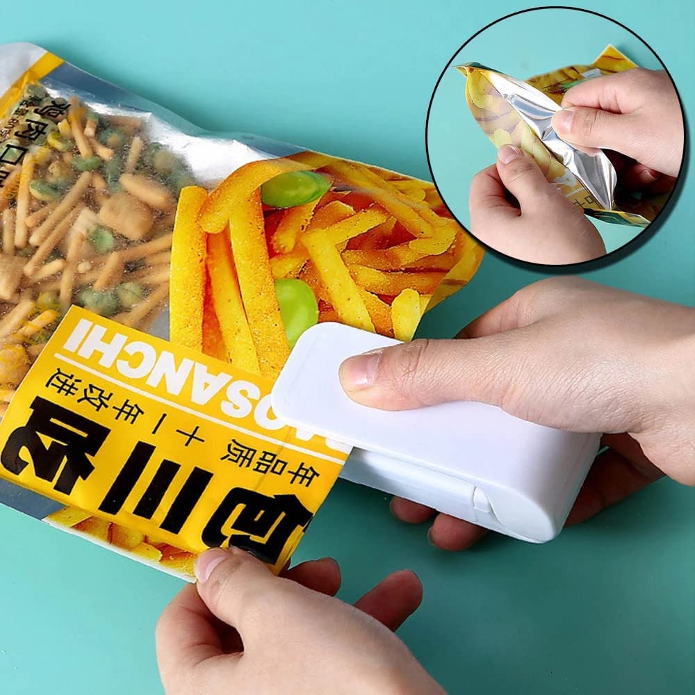 Ignisio mini heat sealer for plastic bags, handheld device with sealing strip and power button, compact and portable.