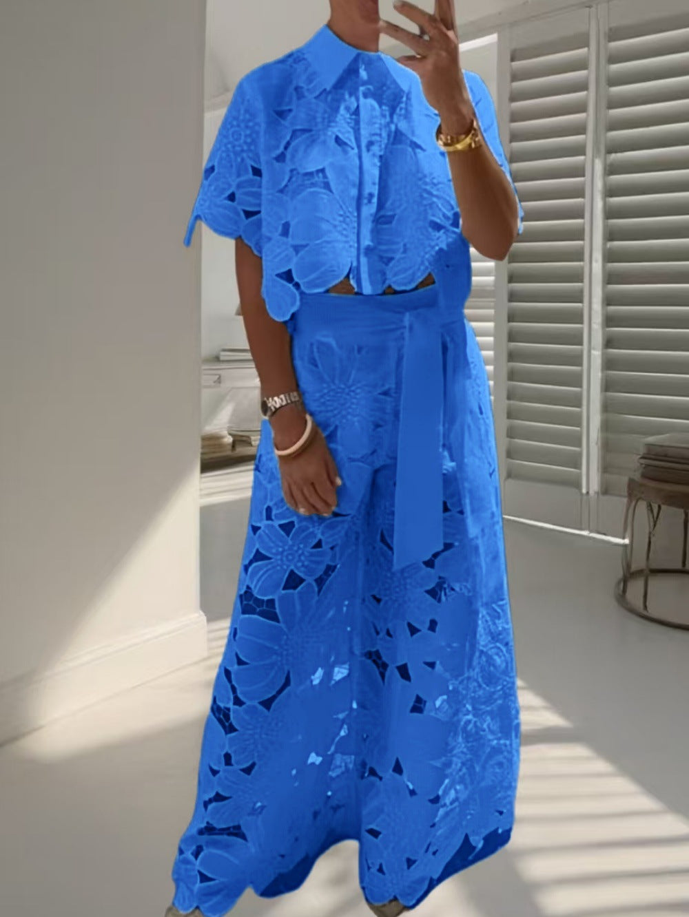Open-Neck Cardigan & Wide-Leg Pants Co-ord Set — Hollow-Out, 3/4 Sleeve | 9 Colours