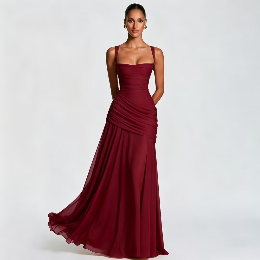 Elegant Sleeveless Flared Dress — Square Neck, High Waist, Milk Silk | 8 Colours