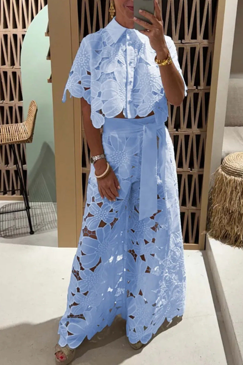 Open-Neck Cardigan & Wide-Leg Pants Co-ord Set — Hollow-Out, 3/4 Sleeve | 9 Colours