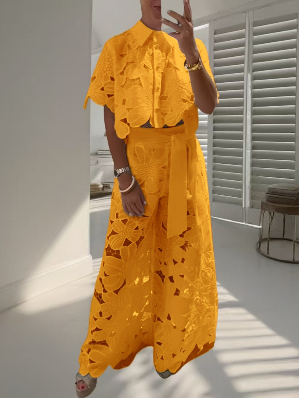 Open-Neck Cardigan & Wide-Leg Pants Co-ord Set — Hollow-Out, 3/4 Sleeve | 9 Colours