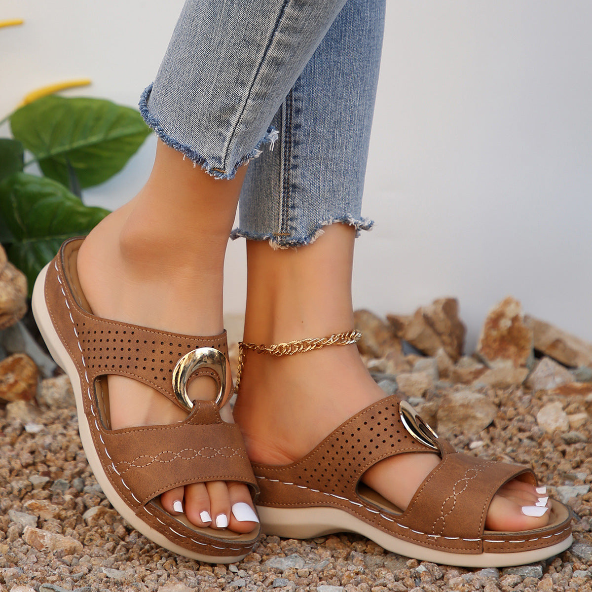 Chunky Soled Perforated Slippers | Wedge Heel Shoes