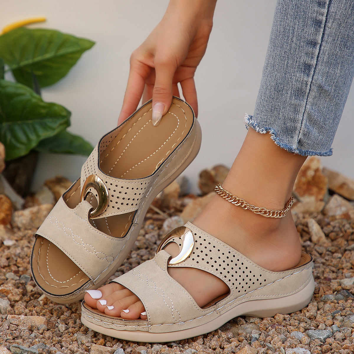 Chunky Soled Perforated Slippers | Wedge Heel Shoes