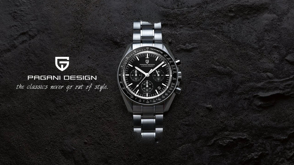 Home Sweet Home Pagani Design Moonwatch Chronograph Watch showing black dial, stainless steel case, and chronograph subdials.