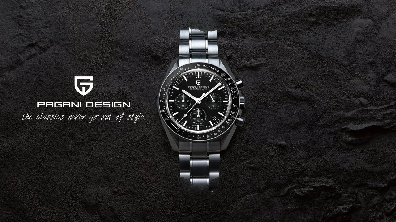Home Sweet Home Pagani Design Moonwatch Chronograph Watch showing black dial, stainless steel case, and chronograph subdials.