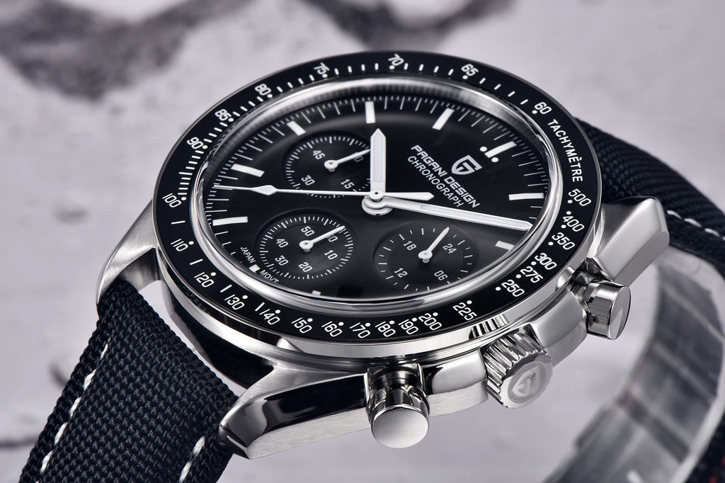 Home Sweet Home Pagani Design Moonwatch Chronograph watch with black dial, stainless steel band, and detailed subdials.