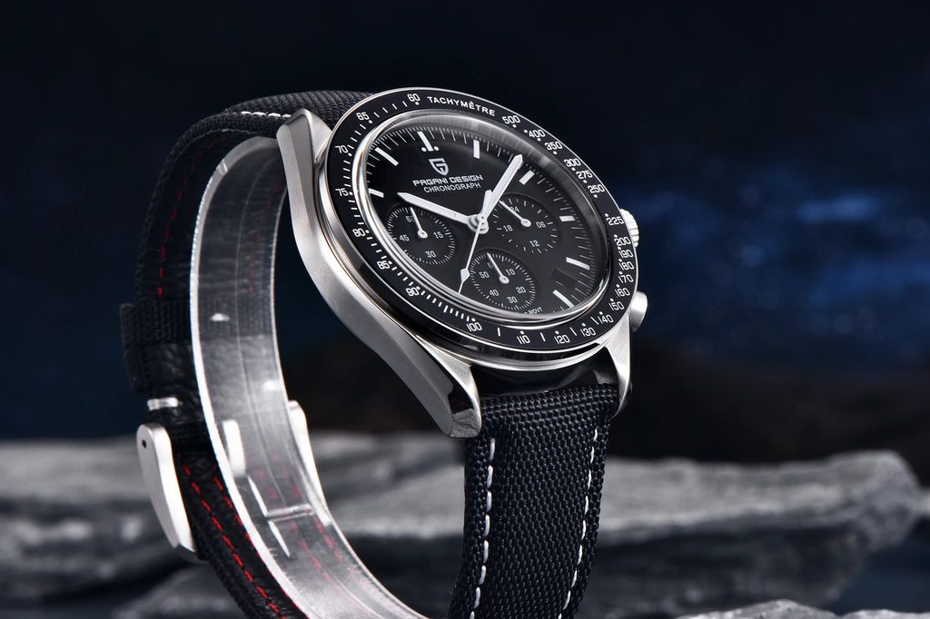 Home Sweet Home Pagani Design Moonwatch Chronograph Watch with black dial, stainless steel band, and multiple subdials.