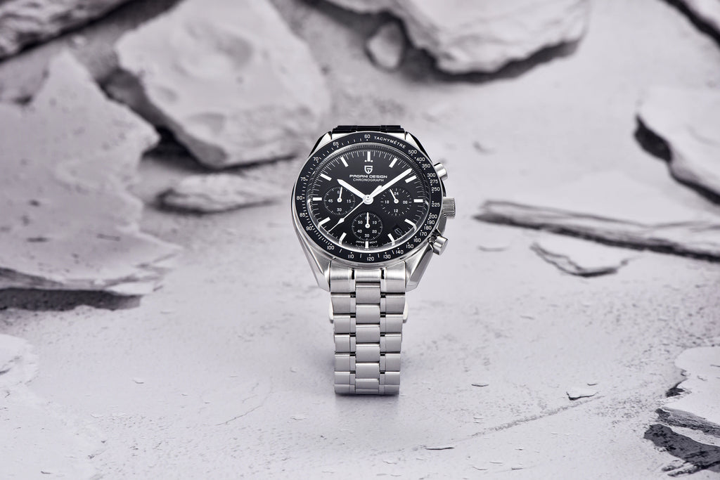 Home Sweet Home PAGANI DESIGN Moonwatch Chronograph Watch with black dial, stainless steel case, and chronograph features.