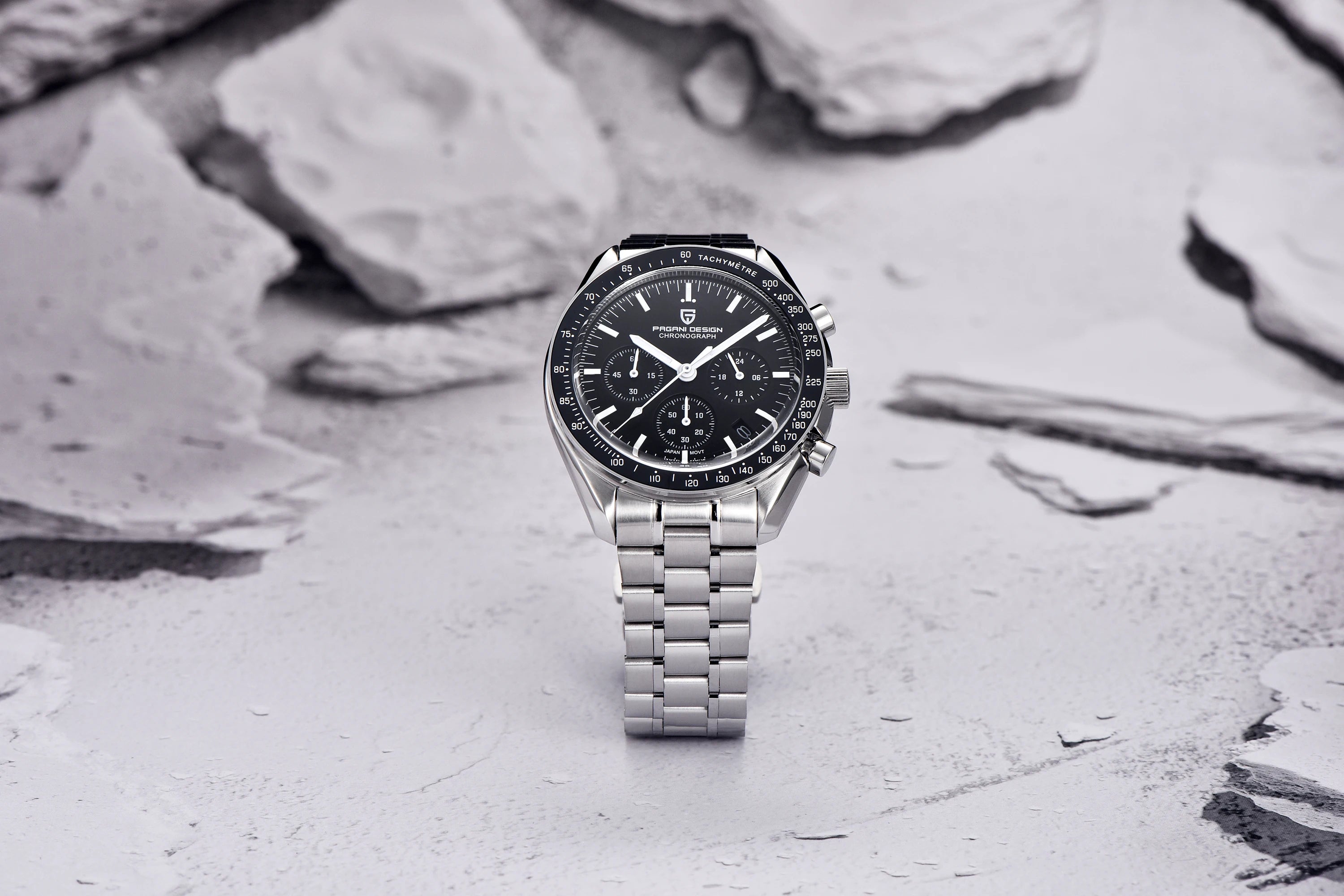 Home Sweet Home PAGANI DESIGN Moonwatch Chronograph Watch with black dial, stainless steel case, and chronograph features.