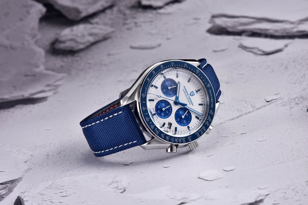 Home Sweet Home PAGANI DESIGN Moonwatch Chronograph Watch with black dial and stainless steel band, close-up view of the timepiece.