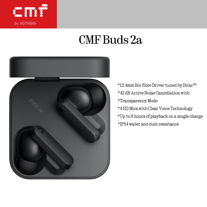 Home Sweet Home CMF Buds 2a wireless earbuds shown in black with charging case on a white background.