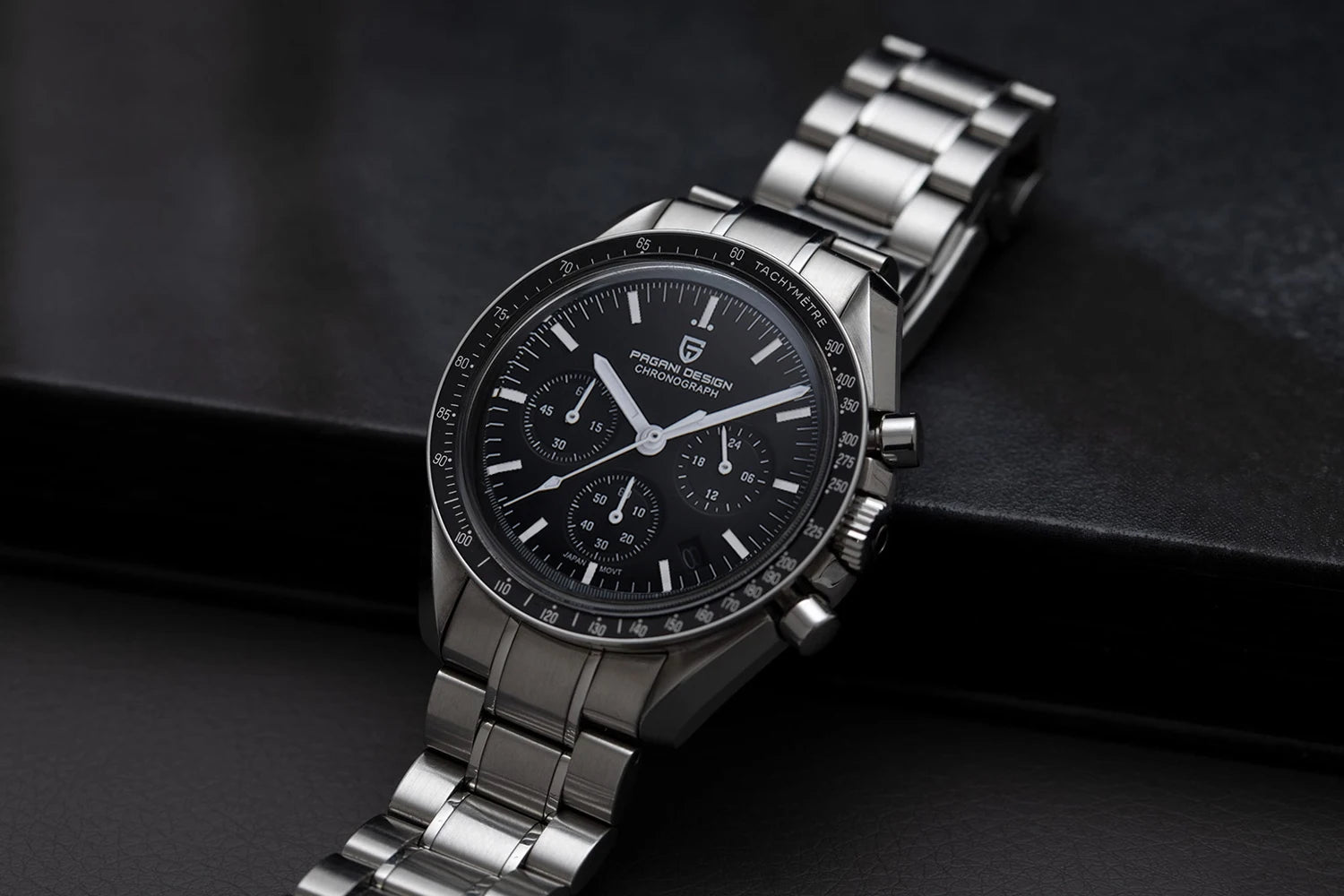 Home Sweet Home Pagani Design Moonwatch Chronograph Watch showing a sleek black dial with silver accents and chronograph subdials.