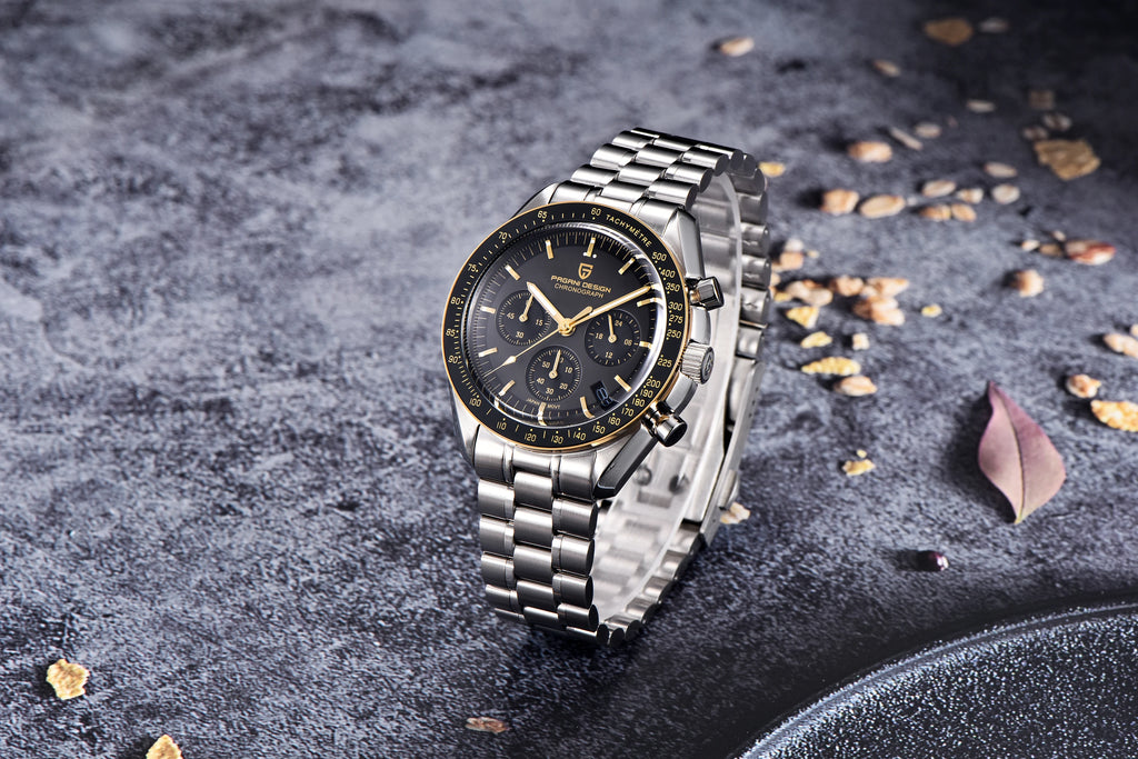Home Sweet Home PAGANI DESIGN Moonwatch Chronograph Watch with black dial, stainless steel band, and multiple subdials.