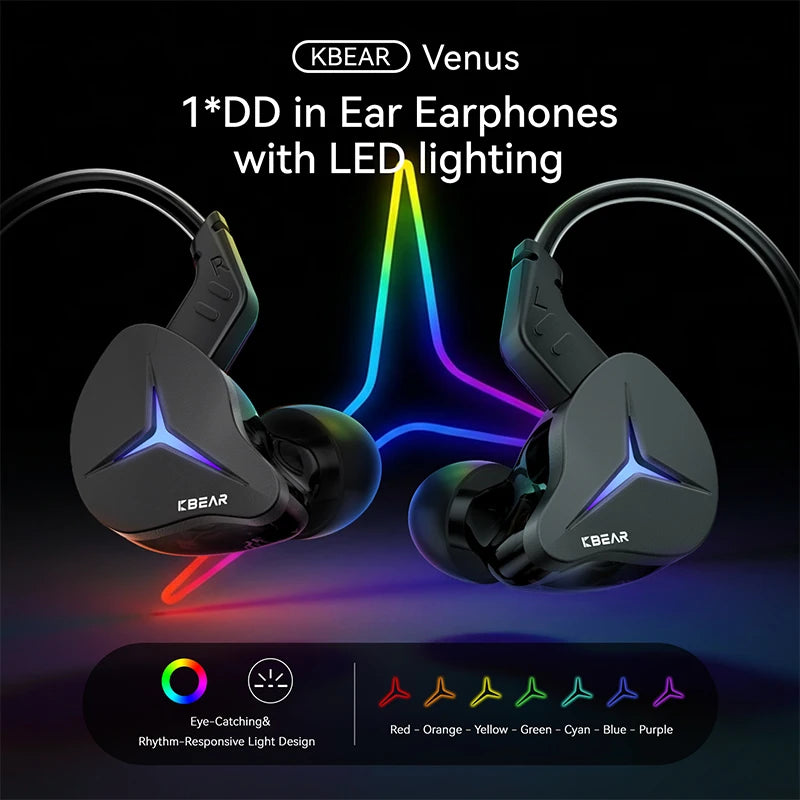 KBEAR Venus USB-C wired earphones with in-ear design and inline controls, shown with black wiring and compact earbuds.