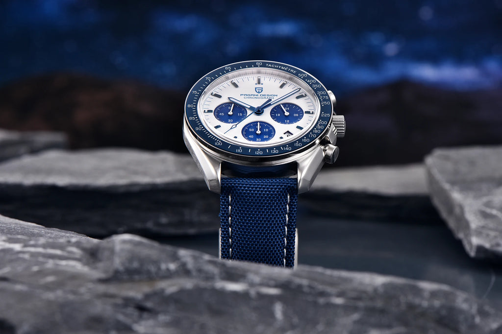 Pagani Design Moonwatch chronograph watch with black dial and stainless steel bracelet, close-up shot showing watch face and details.