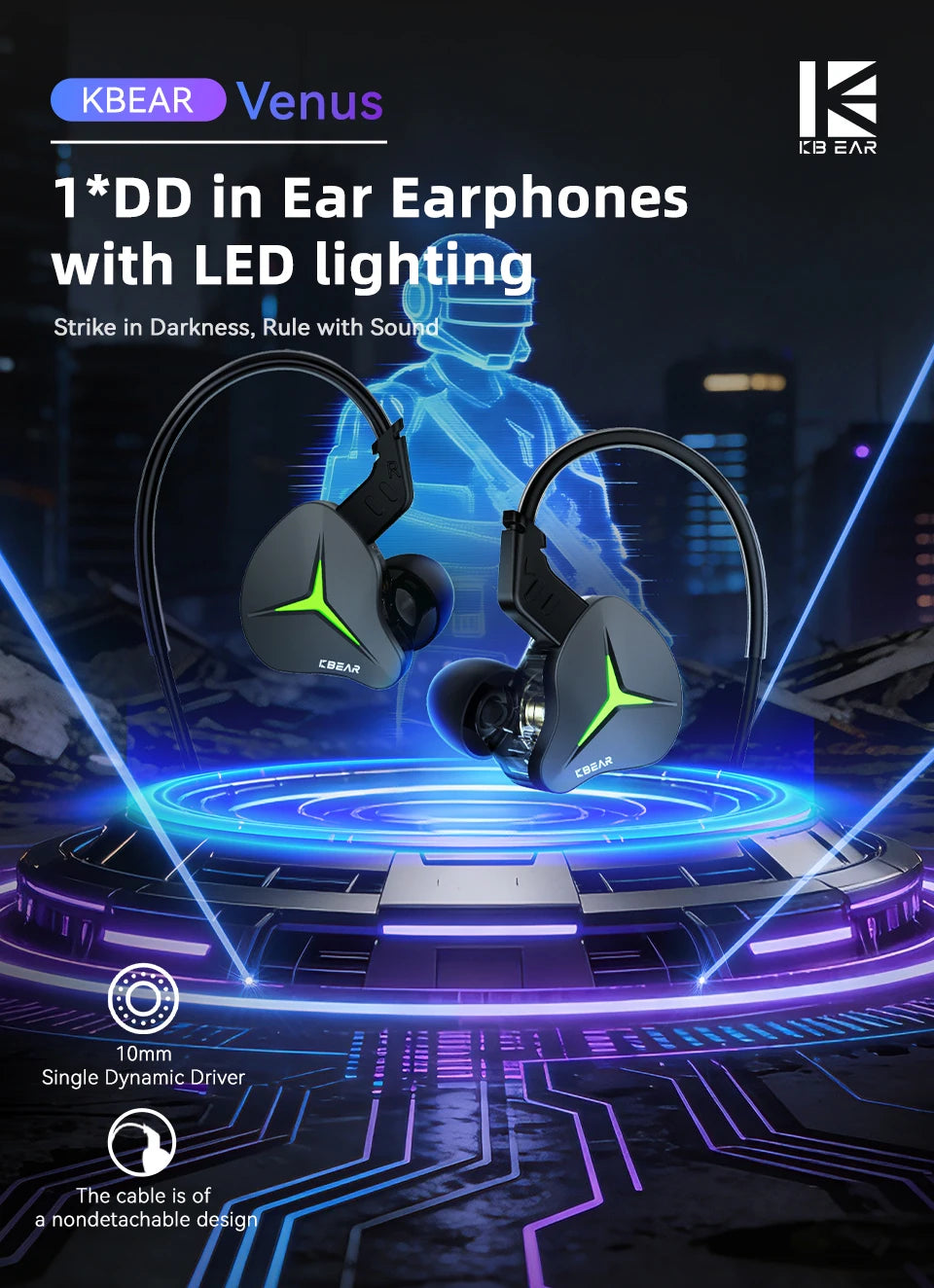 KBEAR Venus USB-C wired earphones with in-ear design and inline remote, black color, connected via USB-C cable.