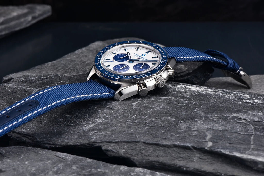 PAGANI DESIGN Moonwatch Chronograph Watch with black dial, stainless steel band, and multiple subdials, displayed on a white background.