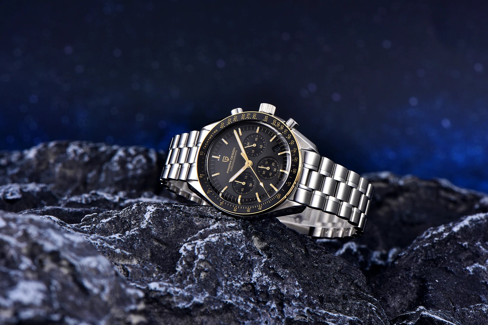 PAGANI DESIGN Moonwatch chronograph watch with stainless steel case and black dial, featuring multiple subdials and a date window.