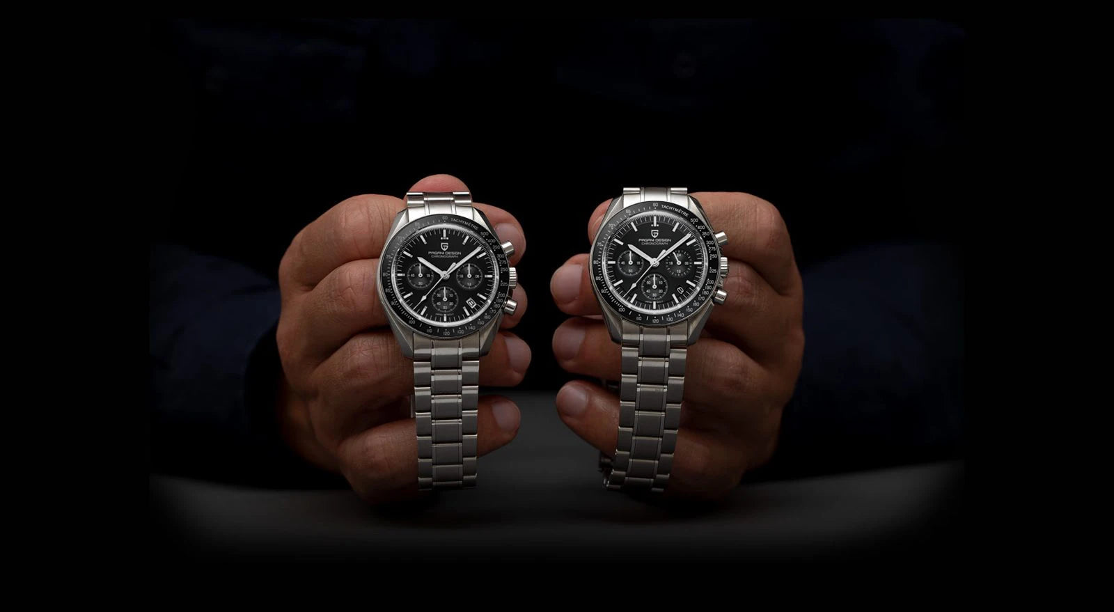 PAGANI DESIGN Moonwatch Chronograph Watch with black dial, stainless steel case, and multiple subdials, stylish and functional.