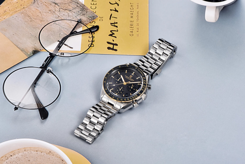Home Sweet Home PAGANI DESIGN Moonwatch chronograph watch with black dial, stainless steel case, and multiple subdials.