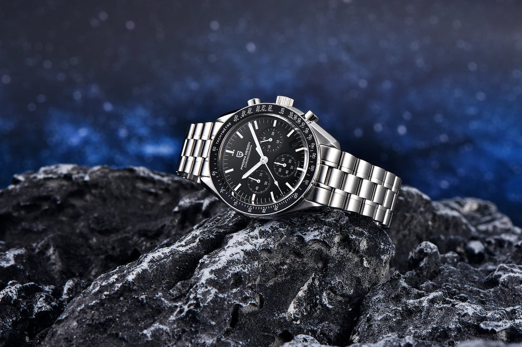 PAGANI DESIGN Moonwatch Chronograph Watch with black dial, stainless steel case, and multiple subdials on a black strap.