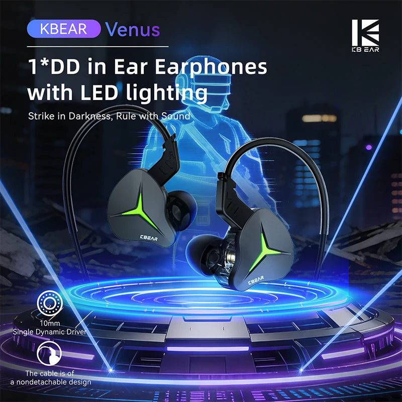 KBEAR Venus USB-C wired earphones with in-ear design and inline microphone, black color, connected to a device.