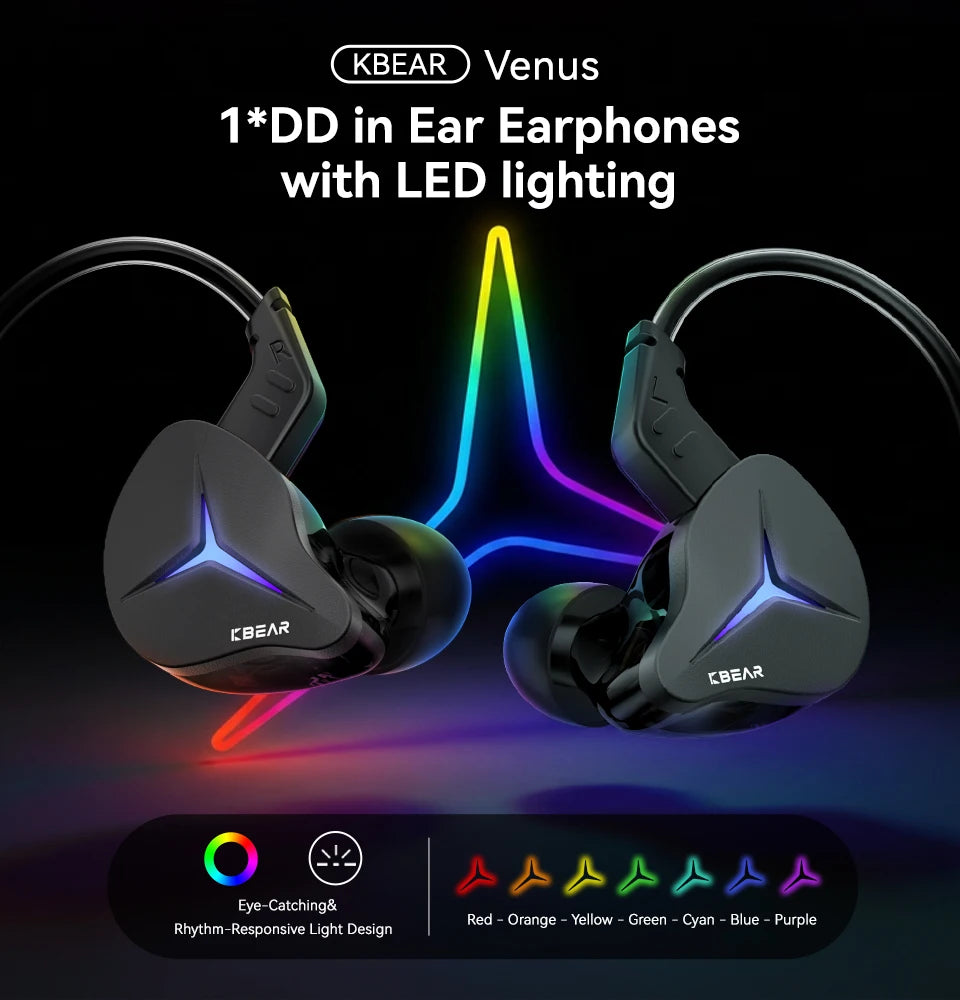 KBEAR Venus USB-C wired earphones with in-ear design and black color, featuring sleek build and inline microphone for calls.