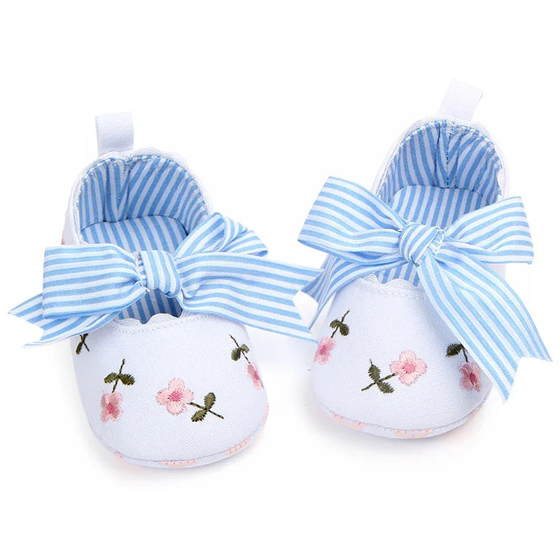 Home Sweet Home baby girl floral embroidered first walker shoes with soft soles, crib shoes for delicate little feet.