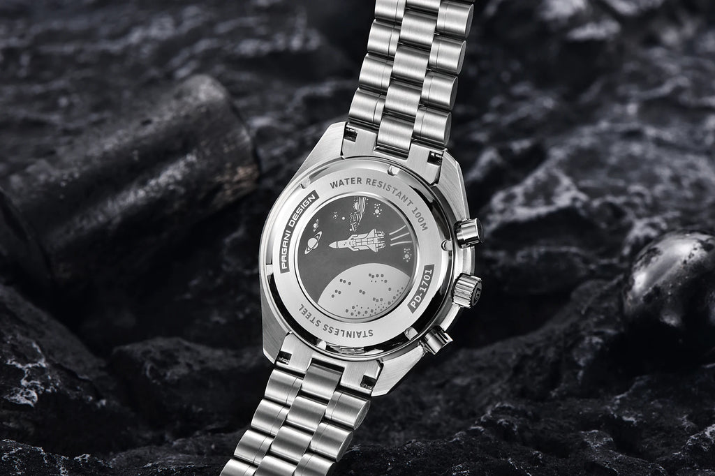PAGANI DESIGN Moonwatch chronograph watch with black dial, silver case, and stainless steel band, detailed close-up image.