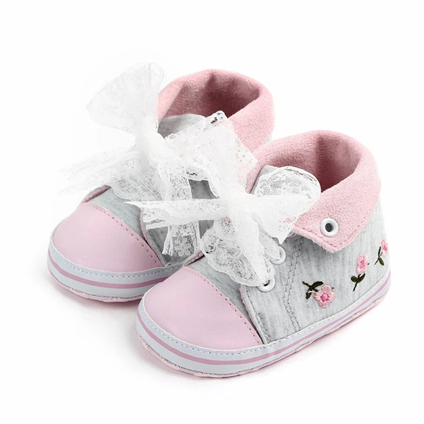Home Sweet Home baby girl floral embroidered first walker shoes with soft soles, perfect for crib and early walking stages.