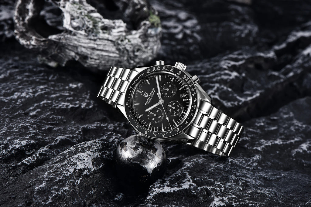 Pagani Design Moonwatch chronograph watch with black dial and stainless steel band, showcasing detailed watch face and design features