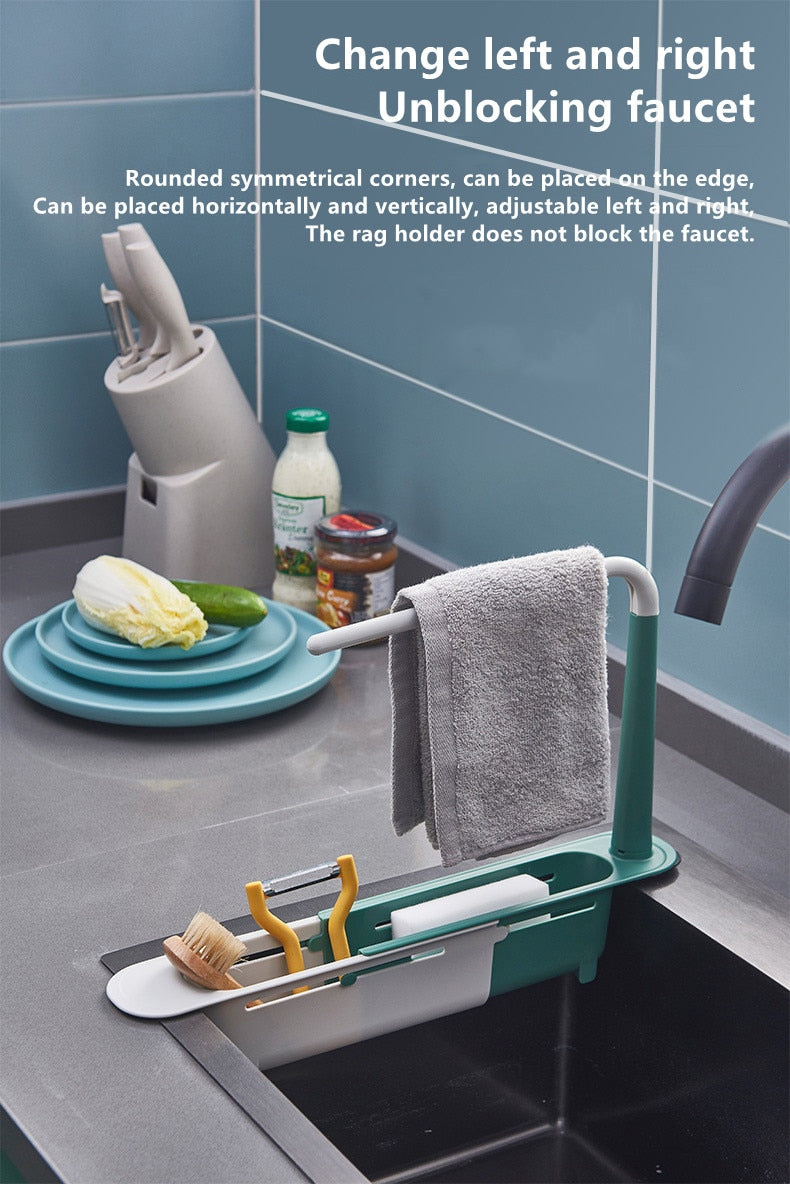 Ignisio telescopic sink rack with adjustable metal bars and hooks, designed to fit over kitchen sinks for drying and organization.
