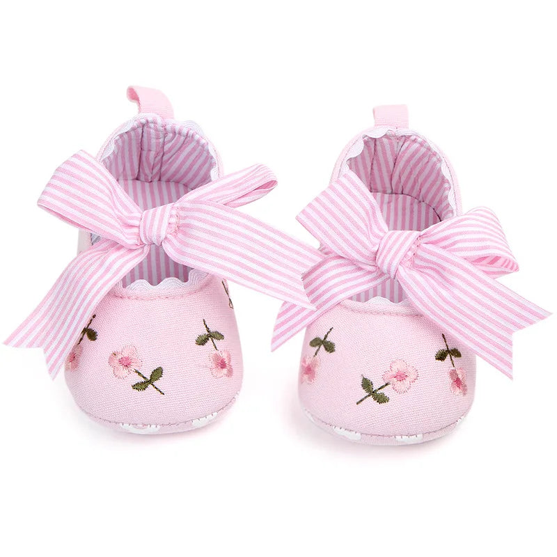 Home Sweet Home baby girl floral embroidered first walker shoes with soft soles, crib shoes perfect for early walking.