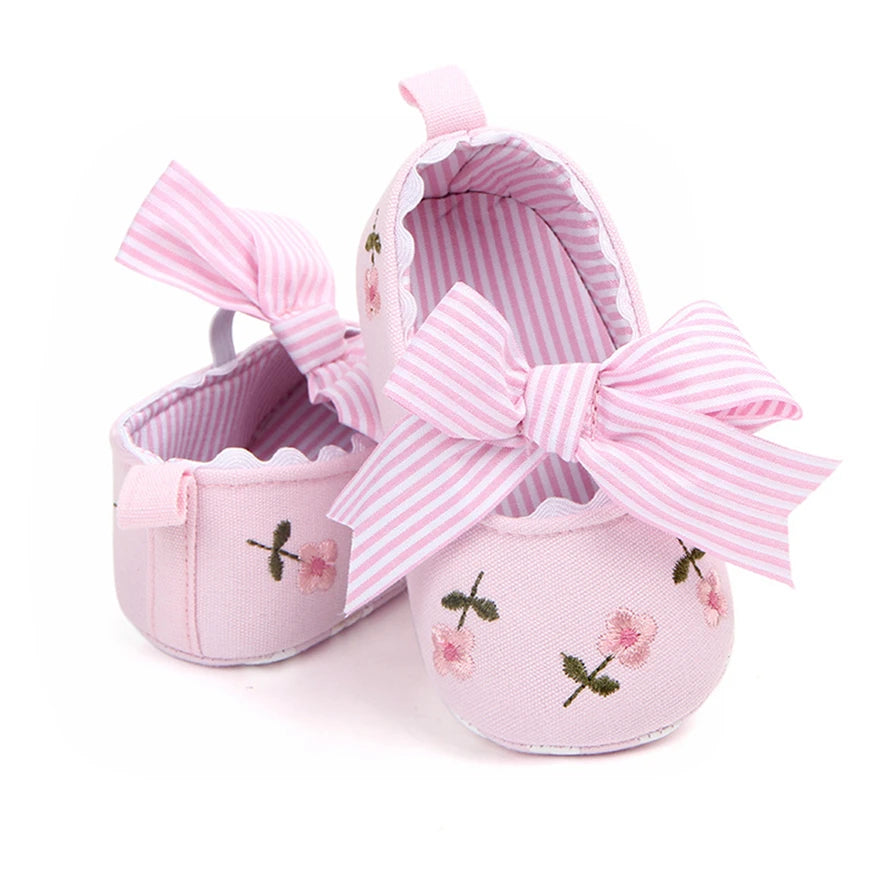Home Sweet Home baby girl floral embroidered first walker shoes with soft soles, perfect for infants' early steps.