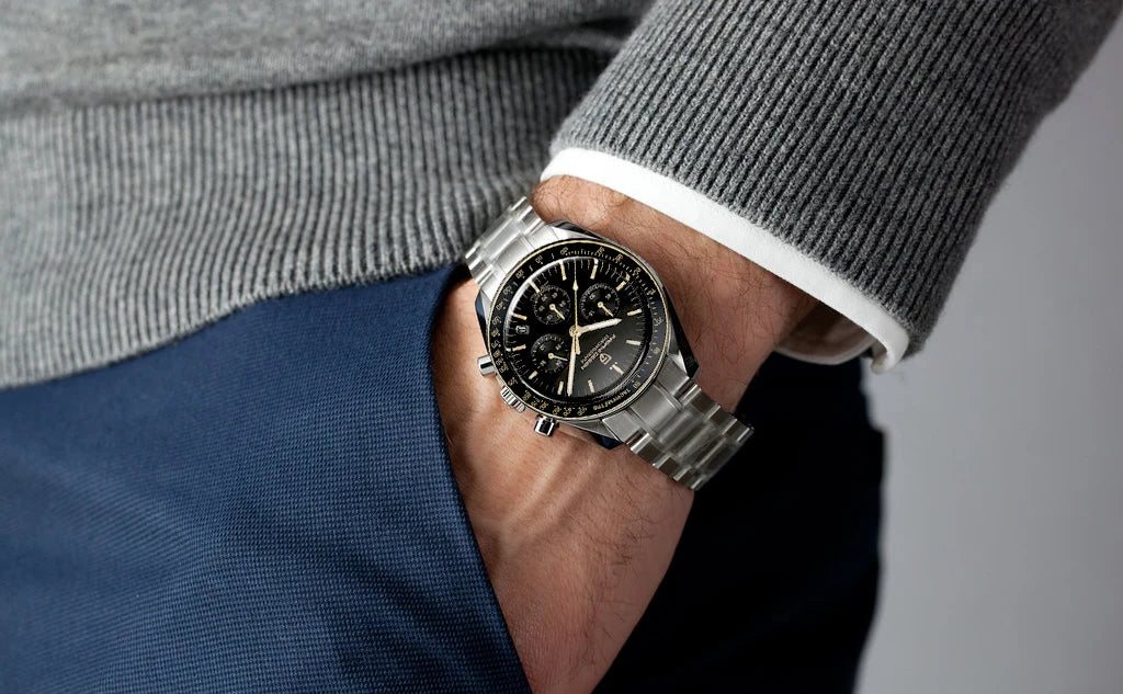 PAGANI DESIGN Moonwatch Chronograph Watch with black dial, stainless steel case, and multiple subdials for precise timekeeping.