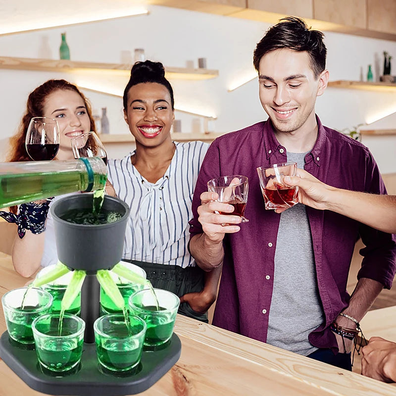 Home Sweet Home 6-Way Shot Glass Dispenser for party drinking games, bar set with six shot glasses and colorful dispenser.
