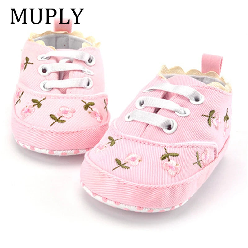 Home Sweet Home baby girl floral embroidered first walker shoes with soft soles, perfect for crib and early walking development.