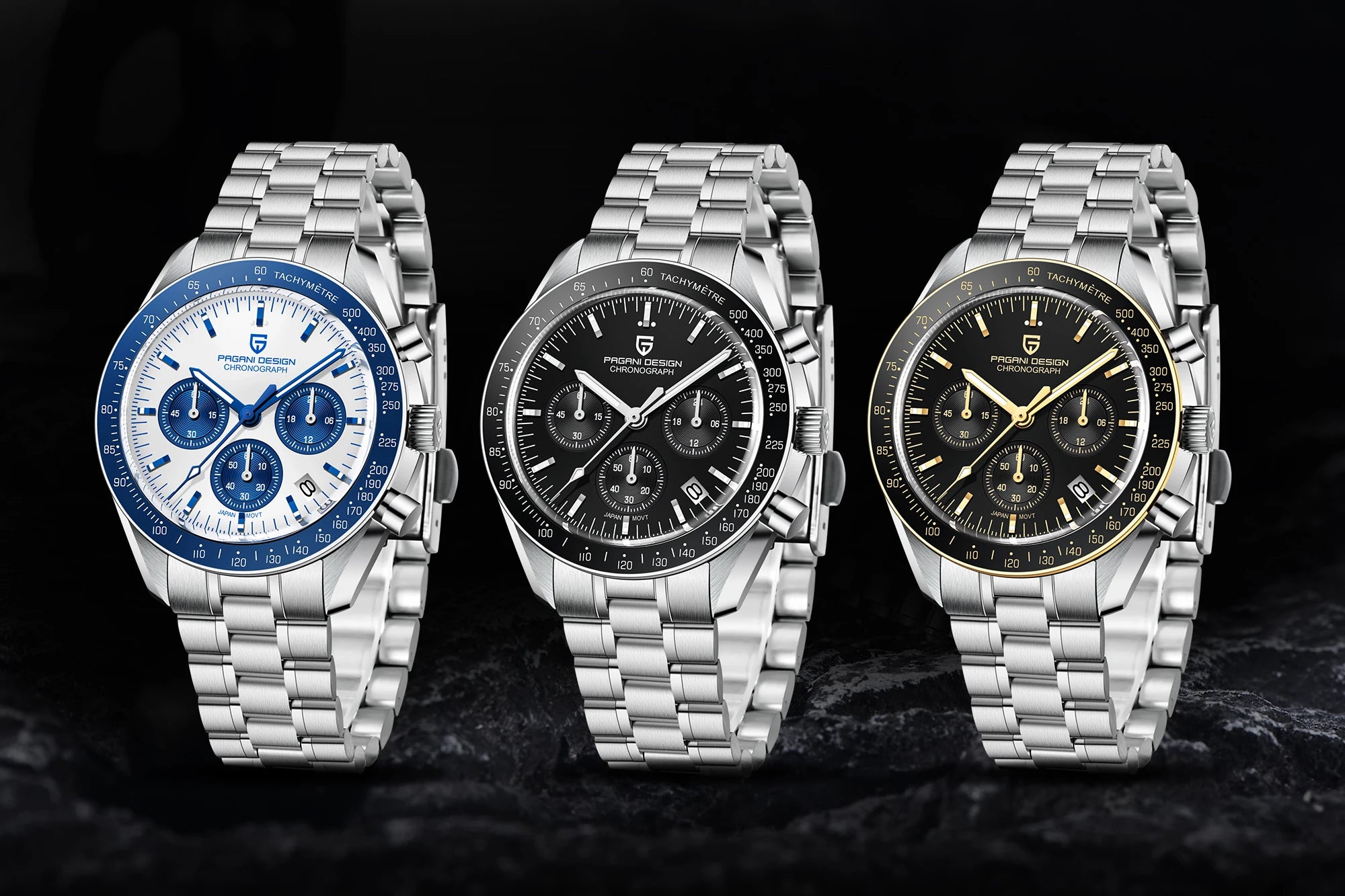 Home Sweet Home PAGANI DESIGN Moonwatch Chronograph Watch with black dial and stainless steel strap, detailed close-up image.