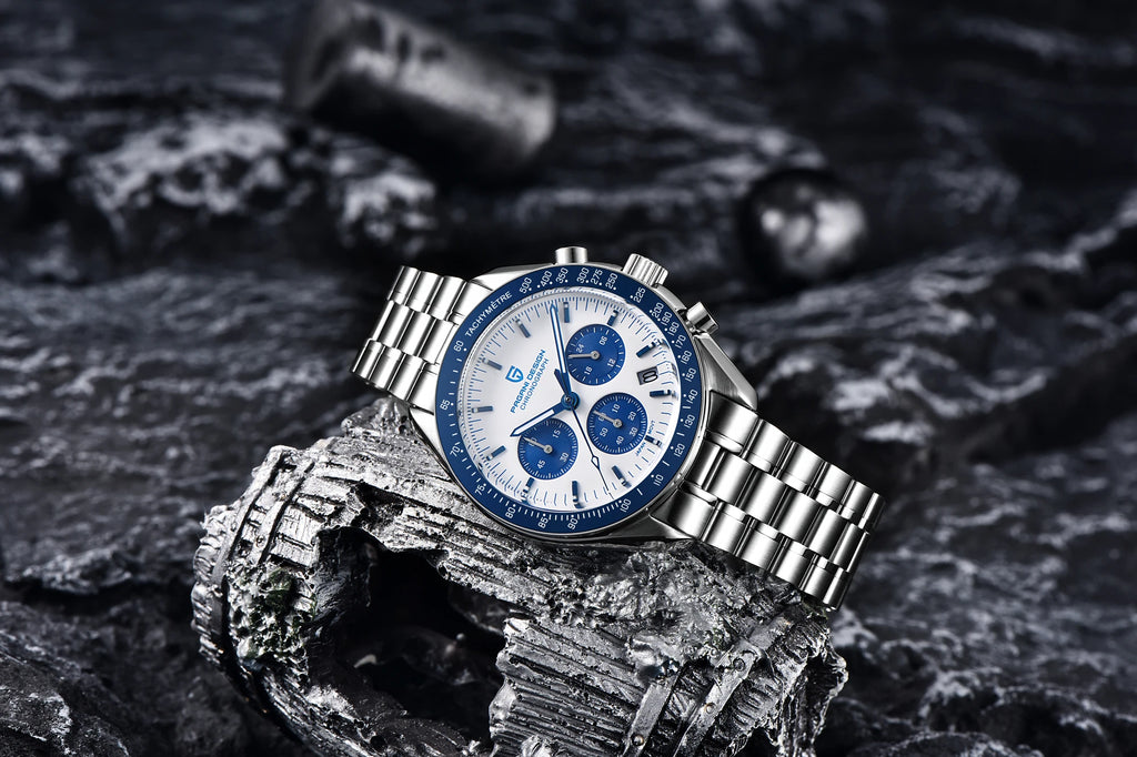 Home Sweet Home Pagani Design Moonwatch Chronograph watch with black dial, stainless steel case, and chronograph subdials.