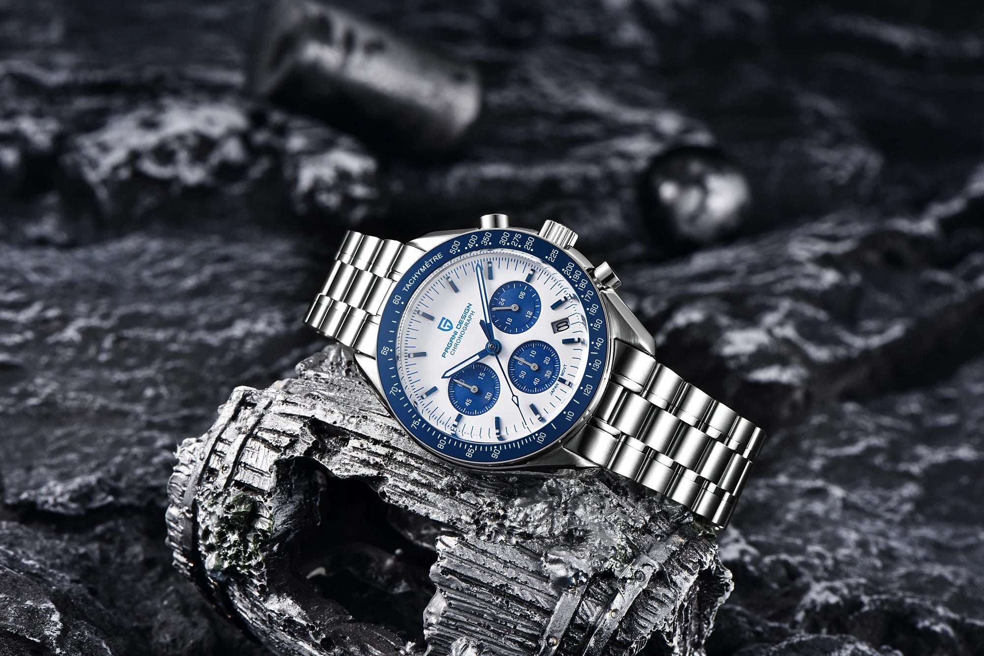 Home Sweet Home Pagani Design Moonwatch Chronograph watch with black dial, stainless steel case, and chronograph subdials.