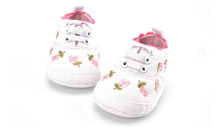 Home Sweet Home baby girl floral embroidered first walker shoes with soft soles, crib shoes for early walking and comfort.